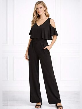 Karen Kane Black Cold Shoulder Wide Leg Jumpsuit V Neck Pockets Size XS💚